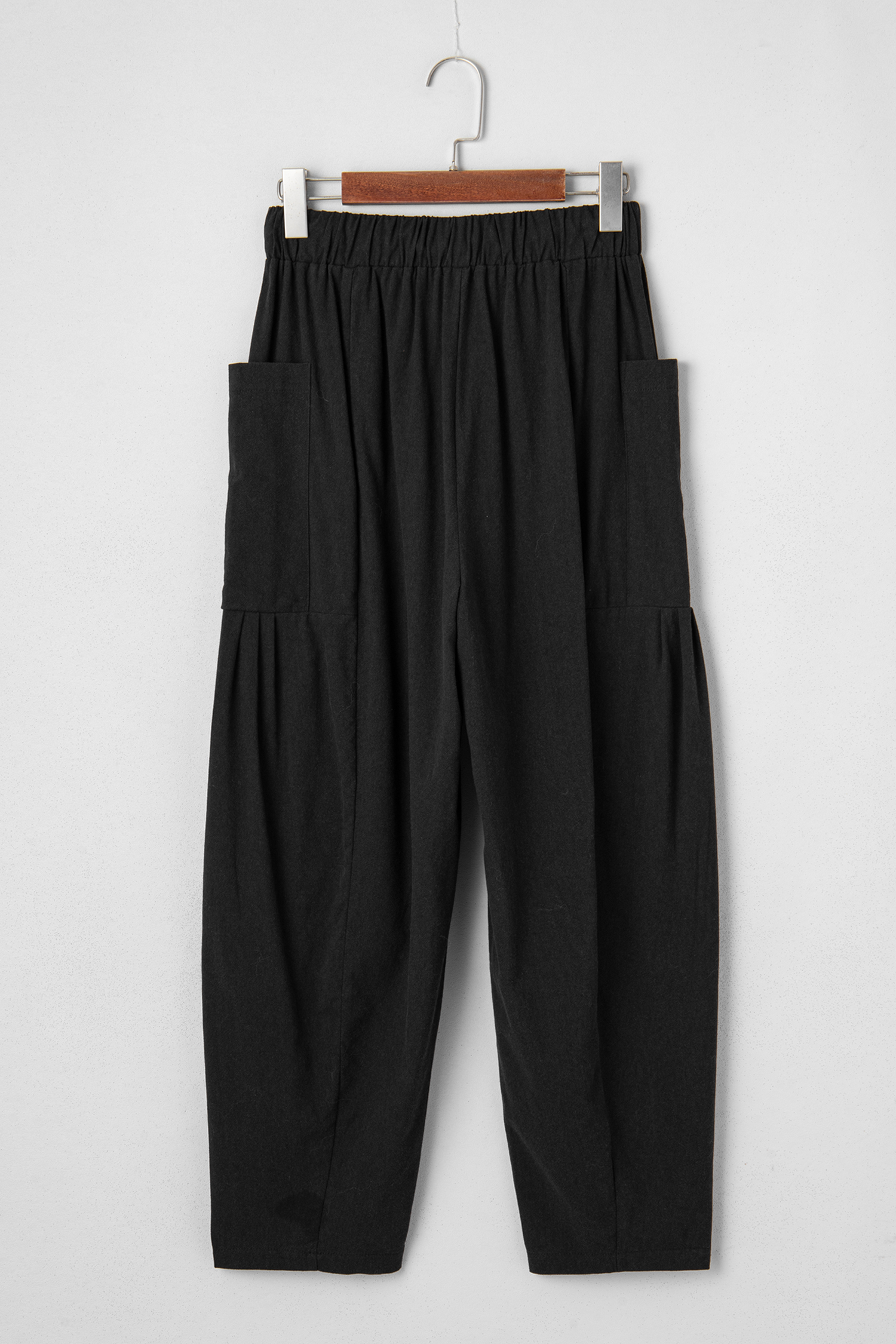Black Drawstring Elastic Waist Patch Pocket Barrel Leg Casual Pants - loveforevers