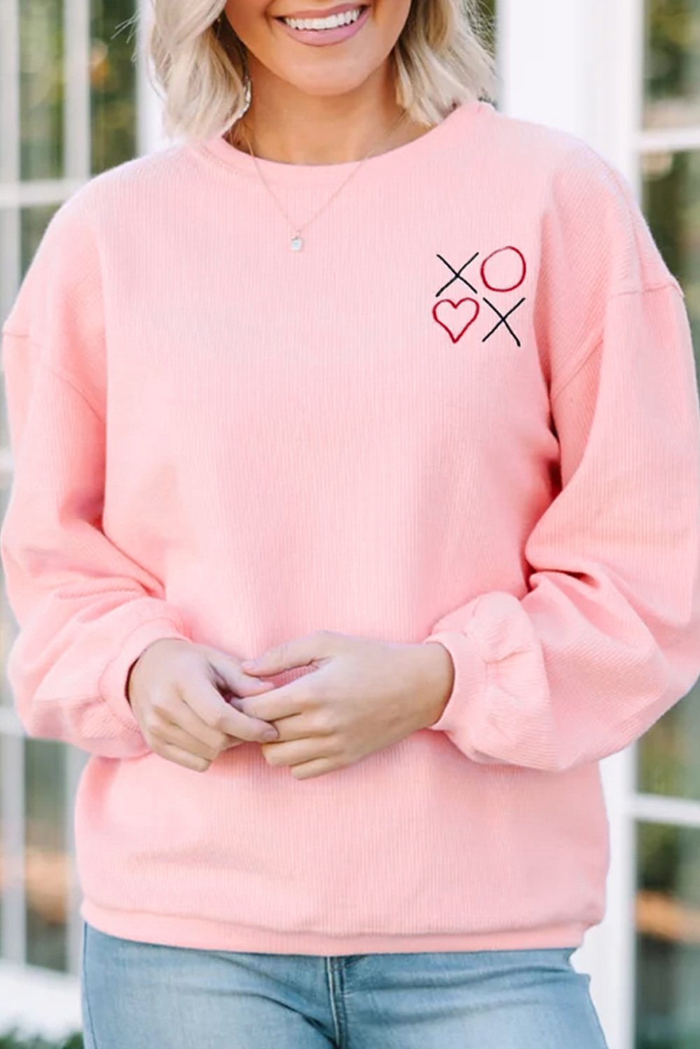 White 3d Ribbed XOXO Heart Embroidered Drop Shoulder Sweatshirt - loveforevers
