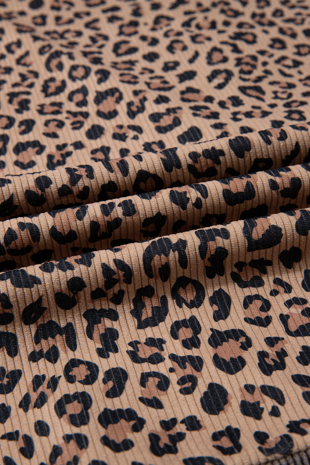 Khaki Ribbed Leopard Print Contrast Collar Zip Hooded Pullover Sweatshirt - loveforevers