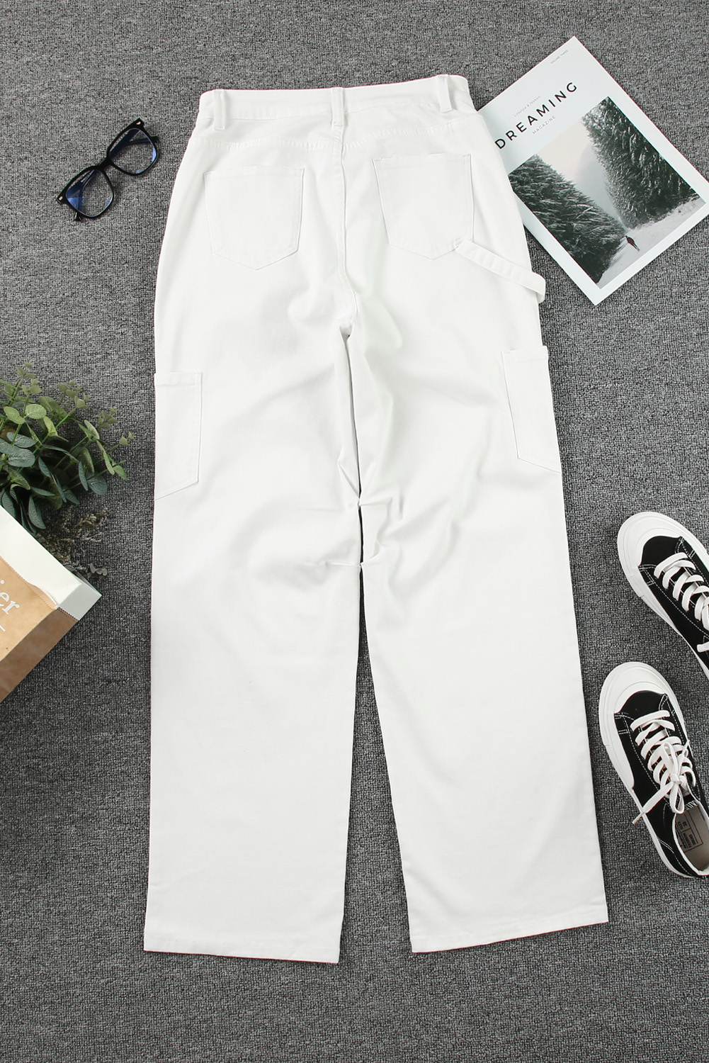 White High Waist Straight Leg Cargo Pants with Pockets - loveforevers