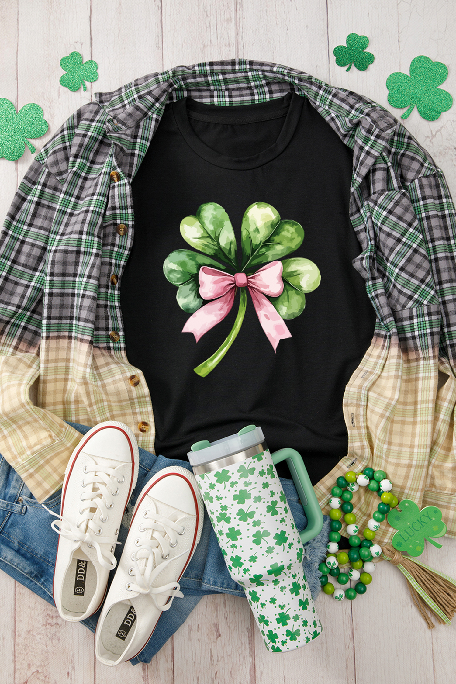 Black Cute Bow Knot Clover Printed Womens Casual Tee - loveforevers