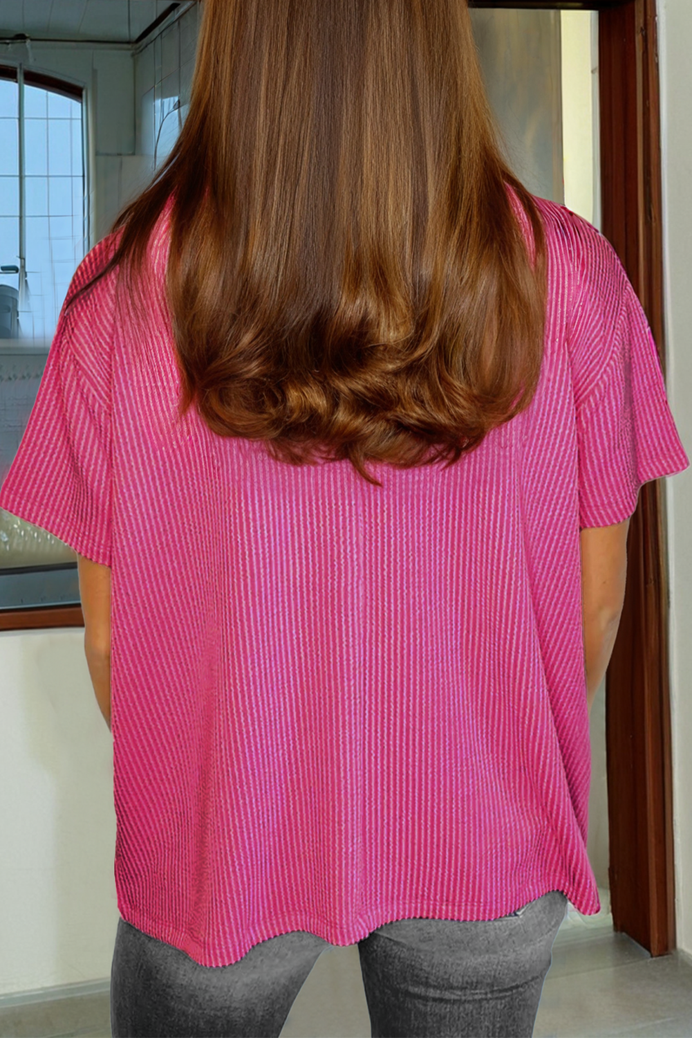Pink Corded Knit Pocketed Loose Fit T Shirt - loveforevers