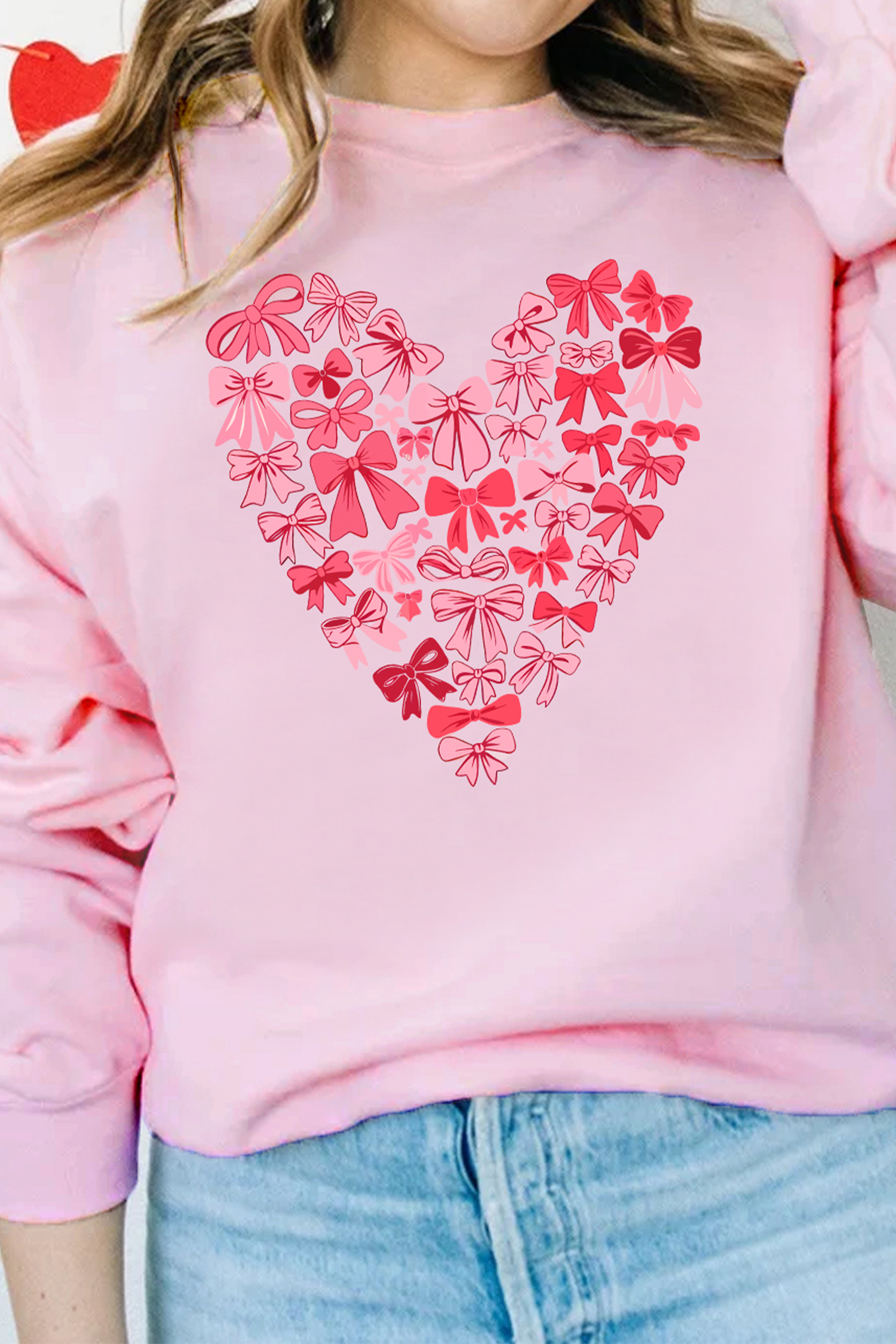 Pink Bow Printed Big Heart Valentines Day Pullover Sweatshirt - loveforevers