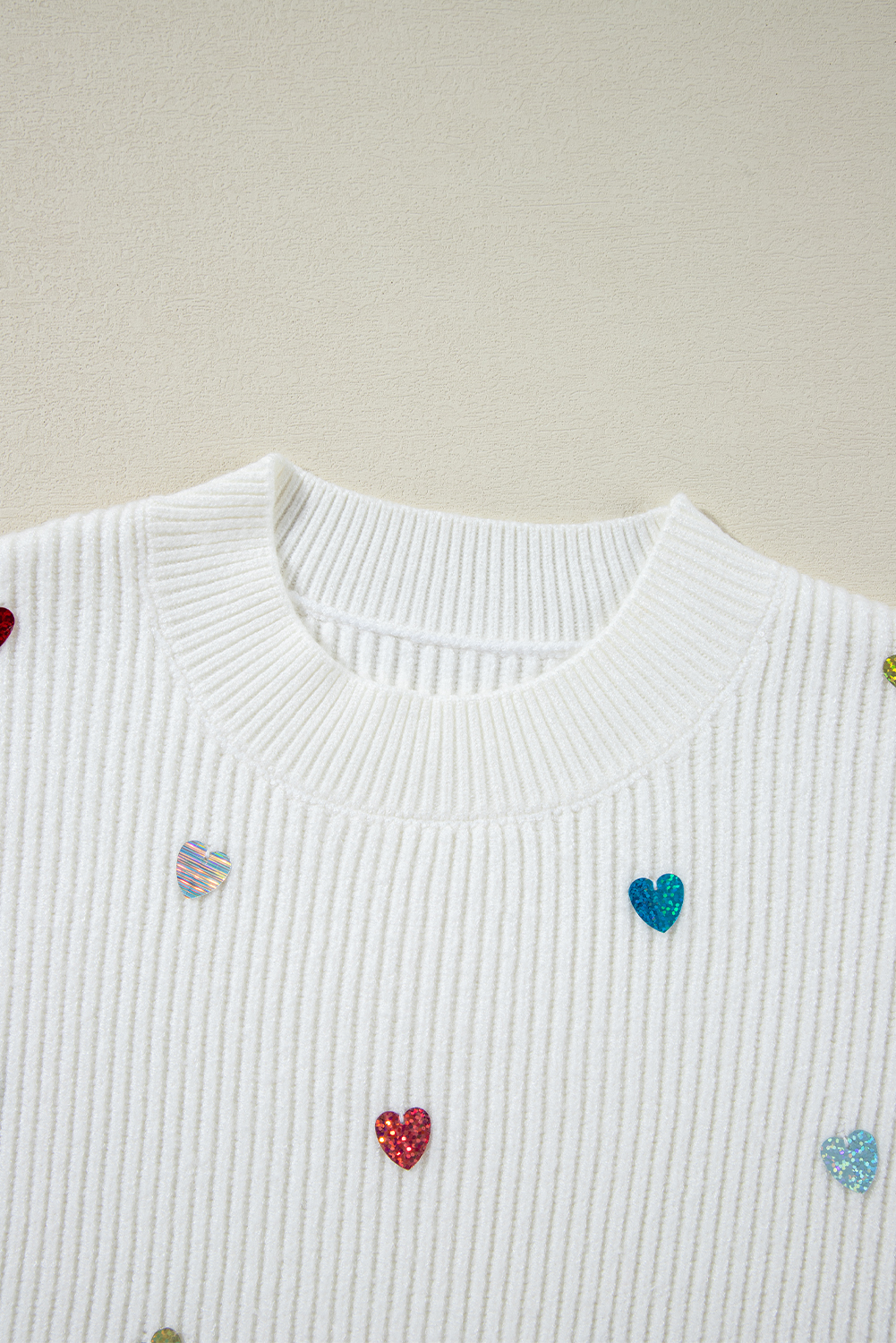 Beige Sequin Heart Shape Waffle Knit Round Neck Sweater - loveforevers