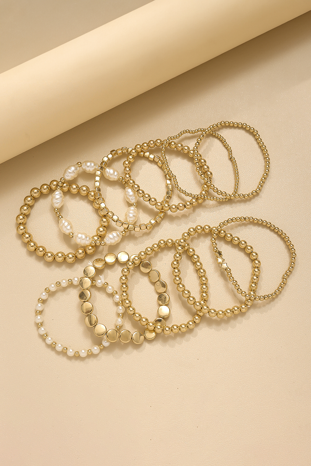 Gold 11pcs Alloy Pleated Pearl Beading Bracelet - loveforevers