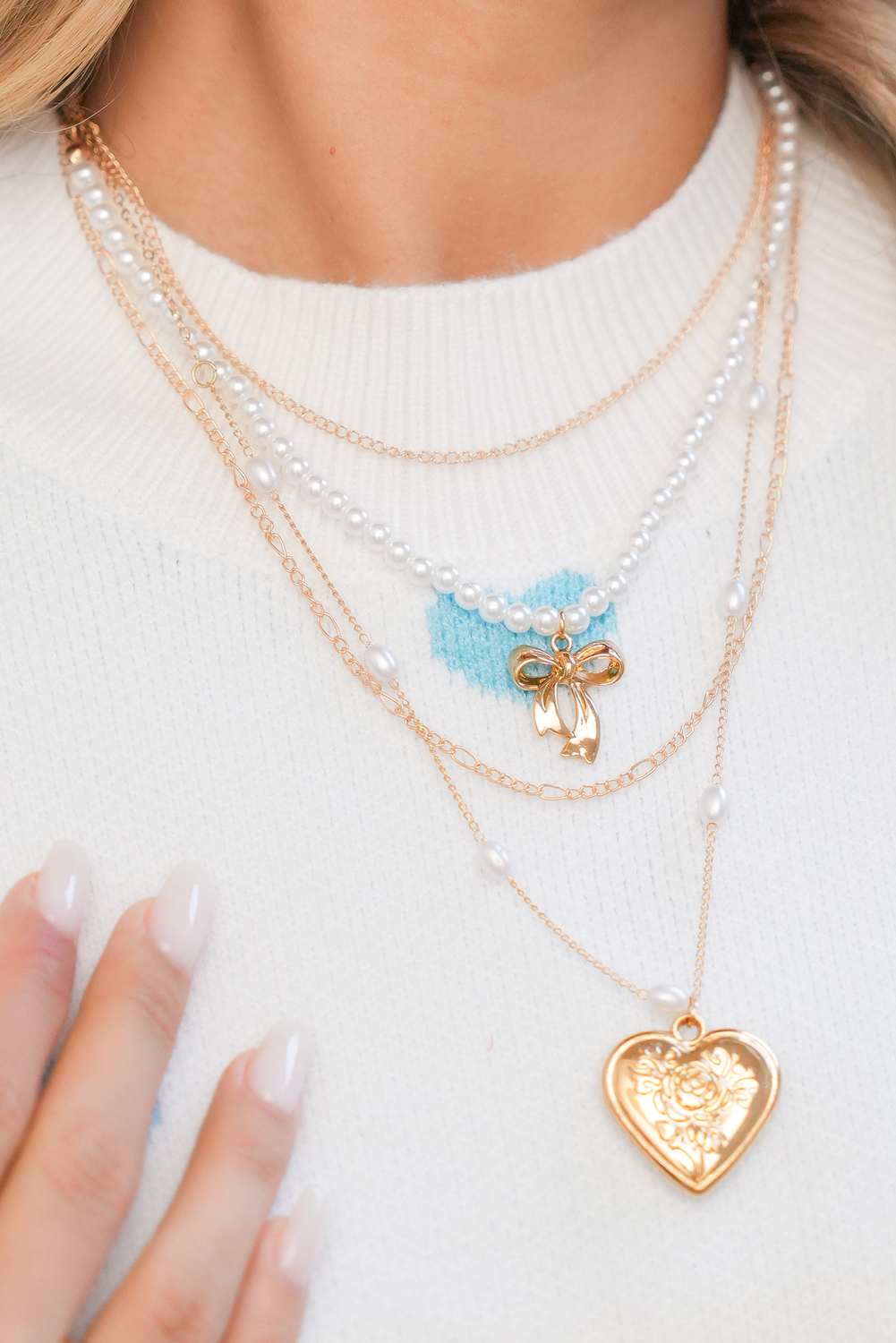 Gold Plated Bow Heart Pendant Pearl Beading Multilayer Necklace - loveforevers