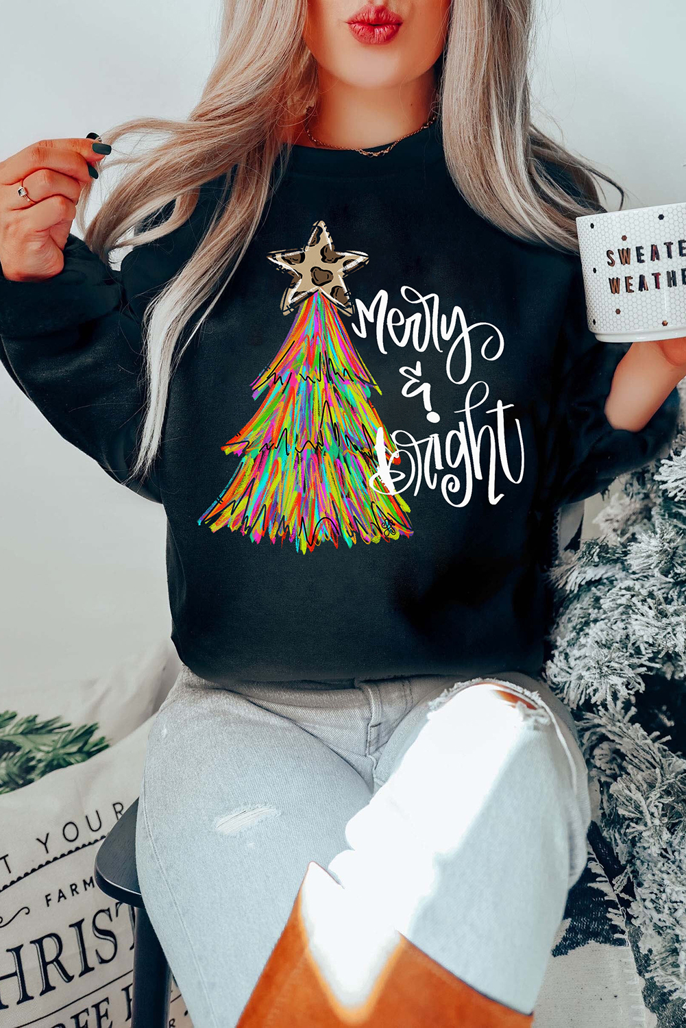 Black Merry & Bright Christmas Tree Graphic Sweatshirt - loveforevers