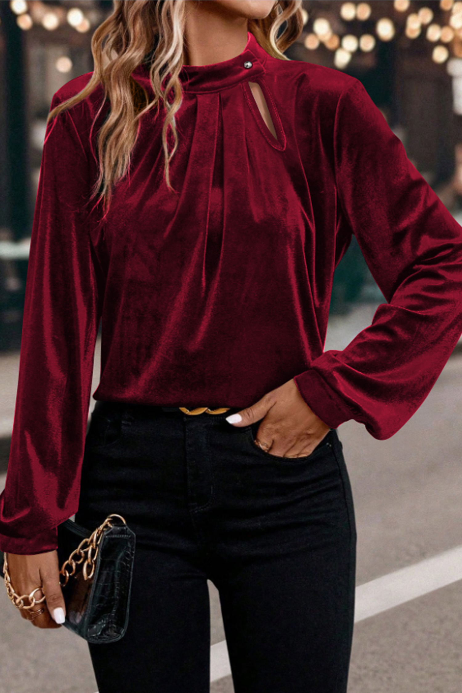 Red Dahlia Asymmetric Button Keyhole Neck Long Sleeve Velvet Blouse - loveforevers