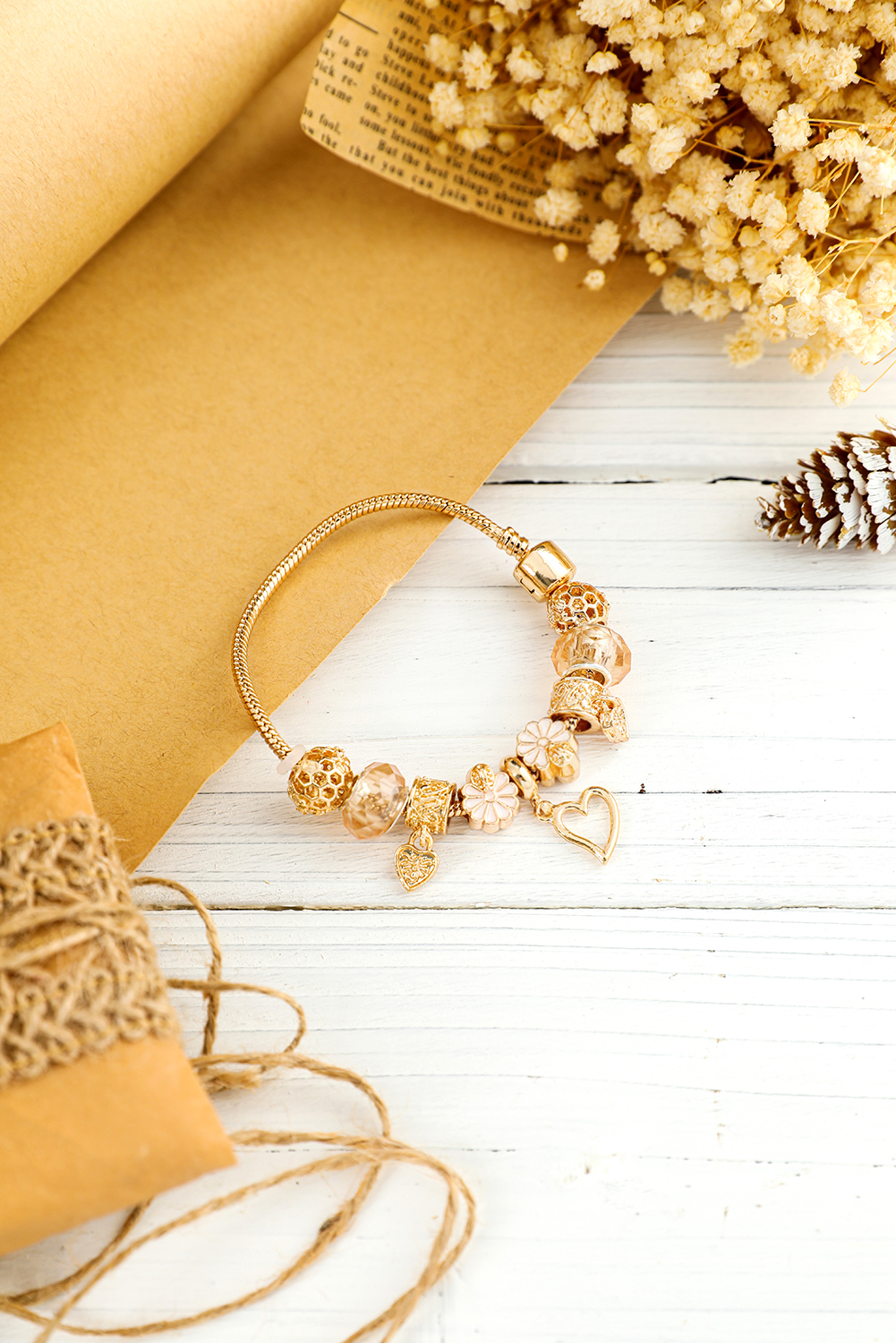Gold Flower Heart Charm Plated Alloy Bracelet - loveforevers
