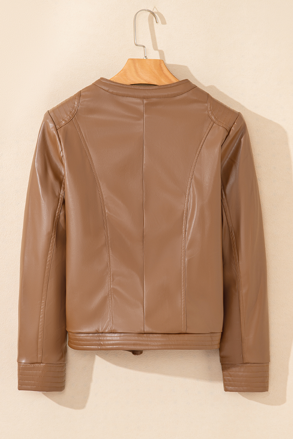 Chestnut Solid Faux Leather Zipper Slim Fit Bomber Jacket - loveforevers