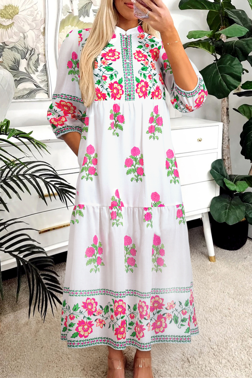 White Floral Print Half Button Mandarin Neck 3/4 Sleeve Maxi Dress - loveforevers