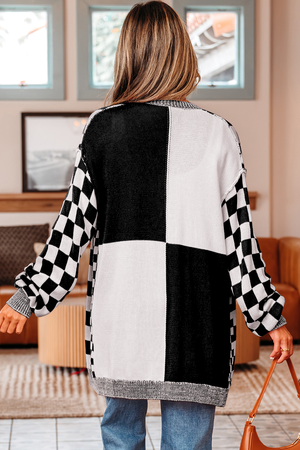 Black Checkered Open Front Drop Shoulder Cardigan - loveforevers