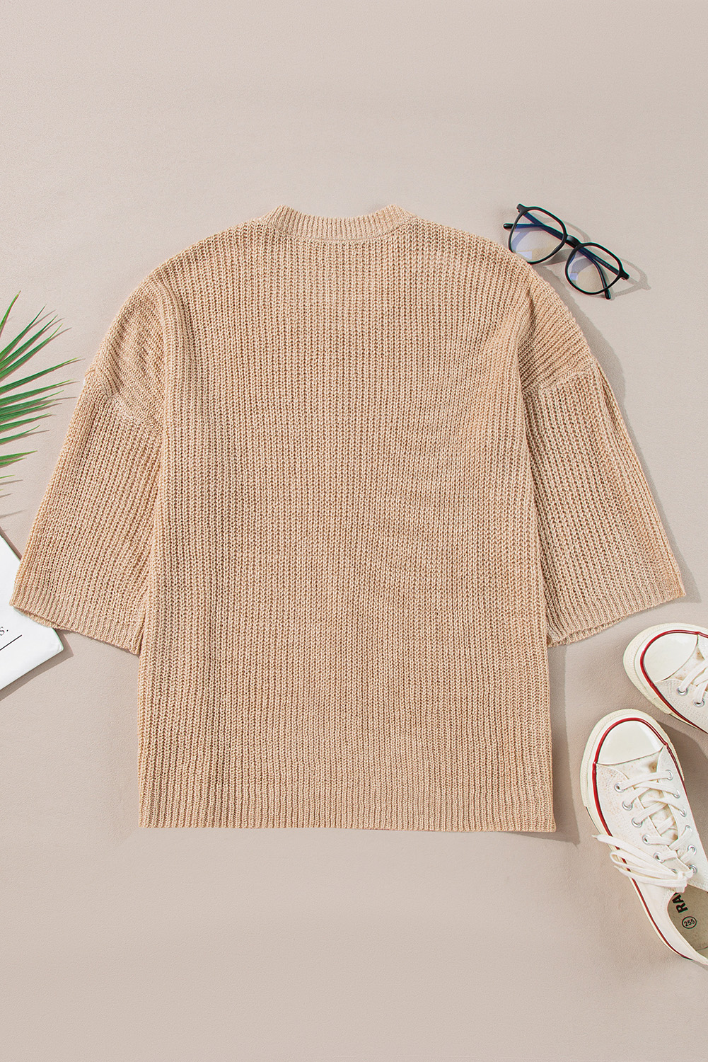 Light French Beige Contrast Striped 3/4 Sleeve Crew Neck Sweater - loveforevers