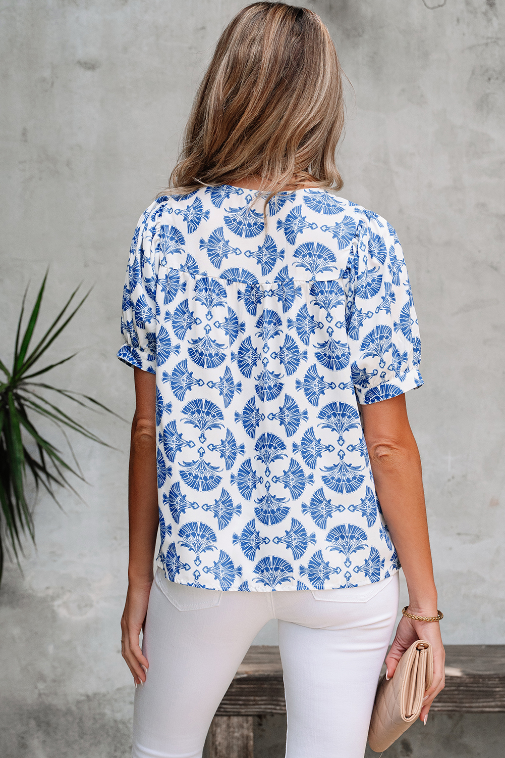 Sky Blue Geometric Print Tassel Drawstring V Neck Blouse - loveforevers