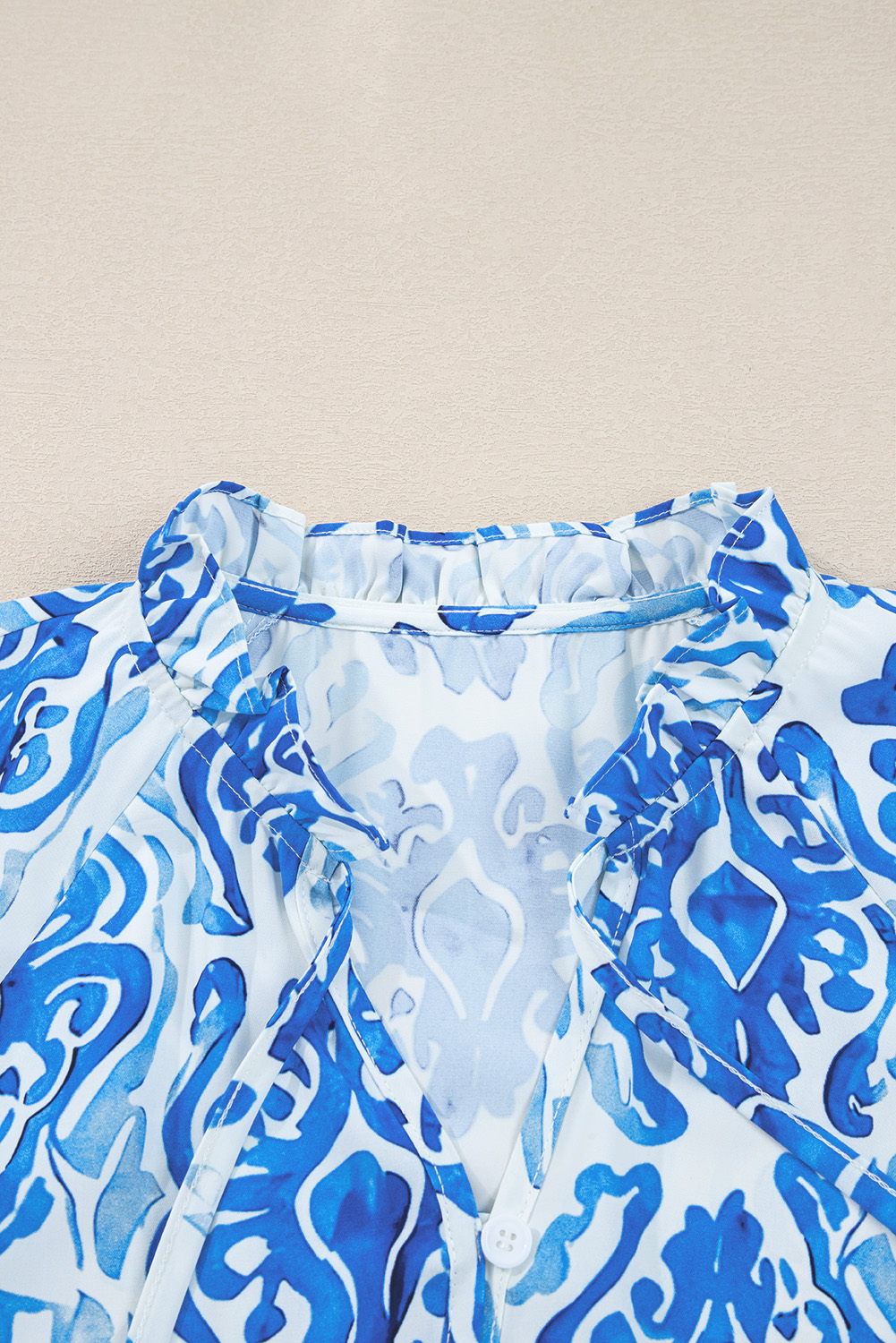 Sky Blue Ethnic Printed Tie Split Neck Button Front Puff Sleeve Shirt - loveforevers