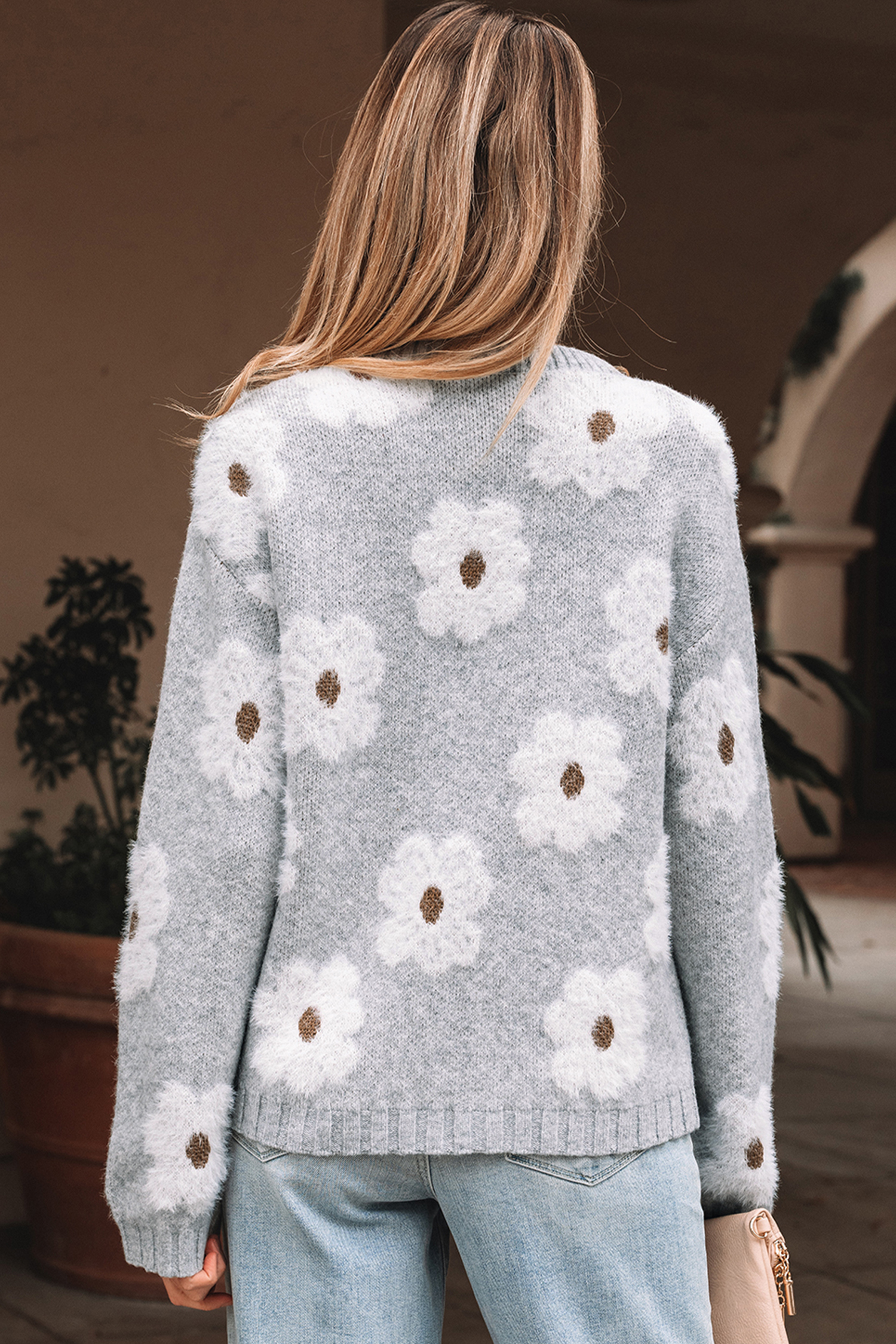 Gray Cute Flower Print V Neck Drop Shoulder Baggy Sweater - loveforevers