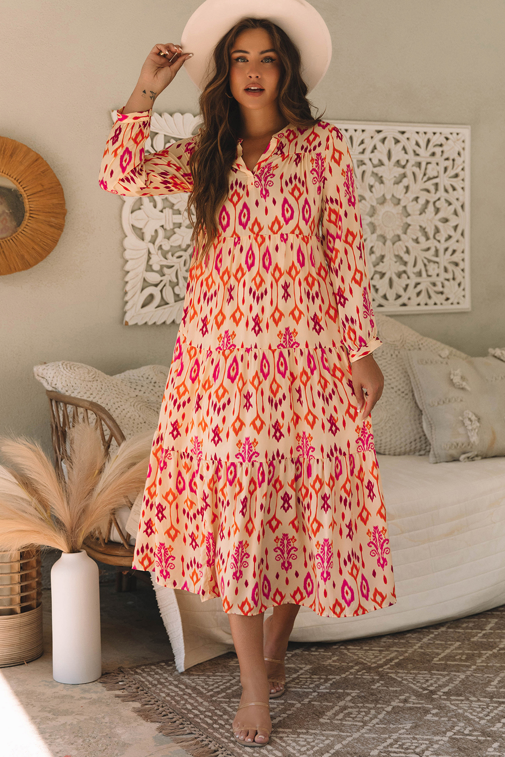 Orange Western Abstract Geometric Printed Maxi Dress - loveforevers