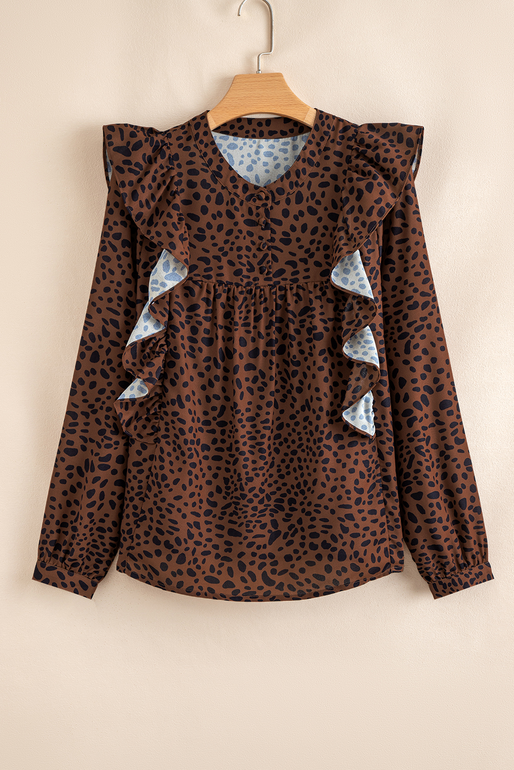 Brown Leopard Print Ruffled Puff Sleeve Blouse - loveforevers