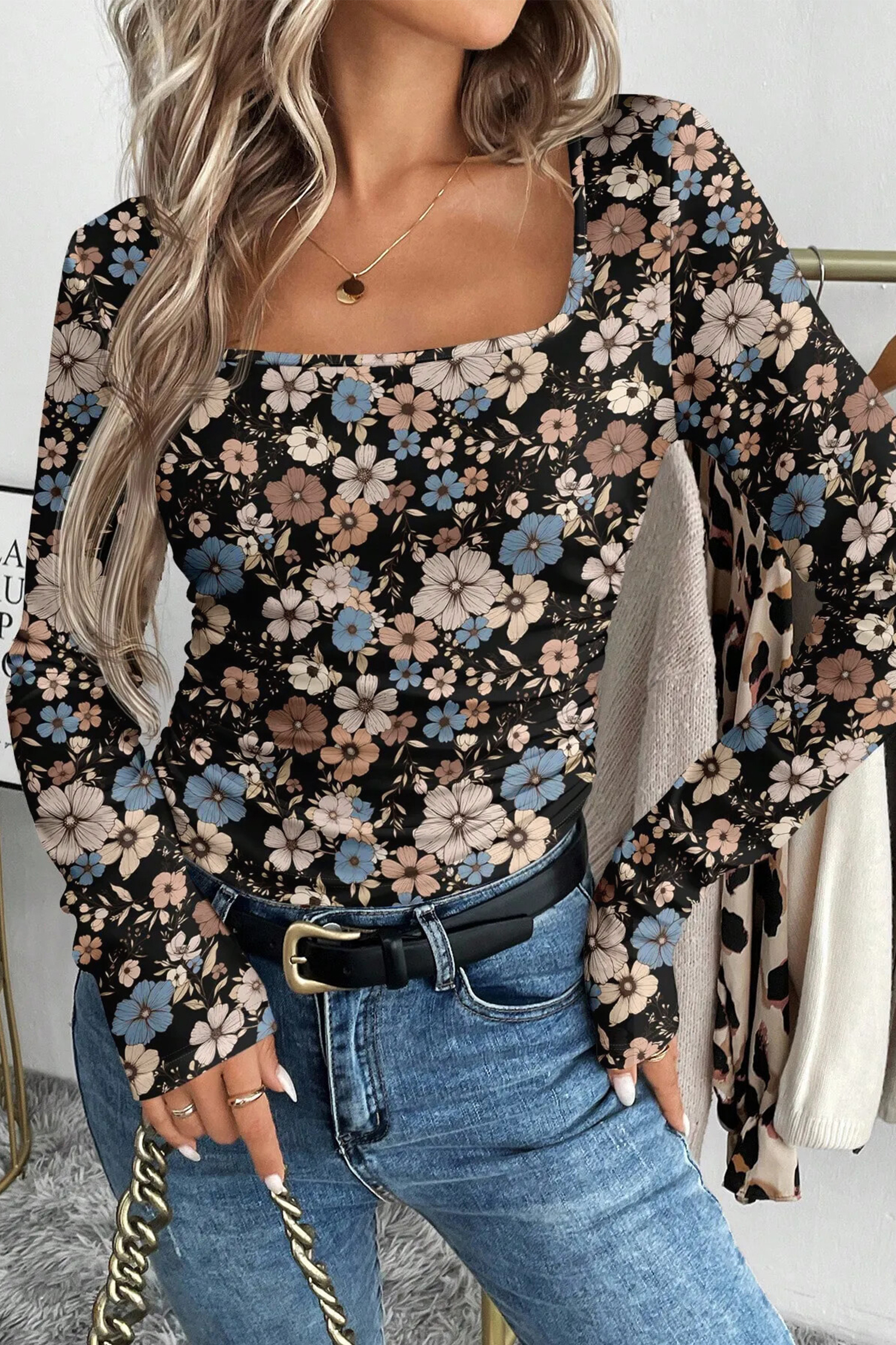 Black Floral Print Slim Long Sleeve T Shirt - loveforevers