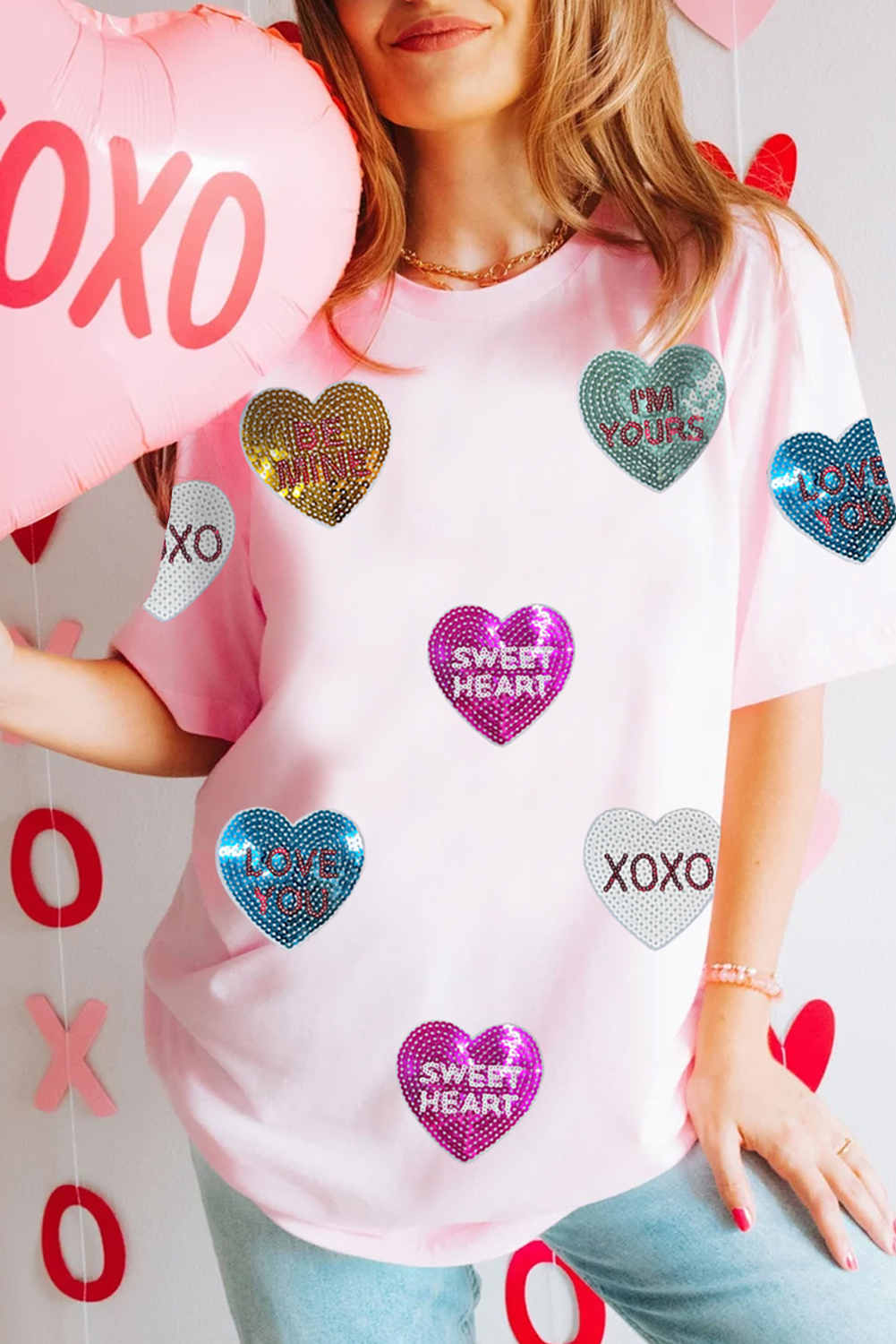 Pink Sequin Valentines Lettering Heart Patched Crewneck T Shirt - loveforevers