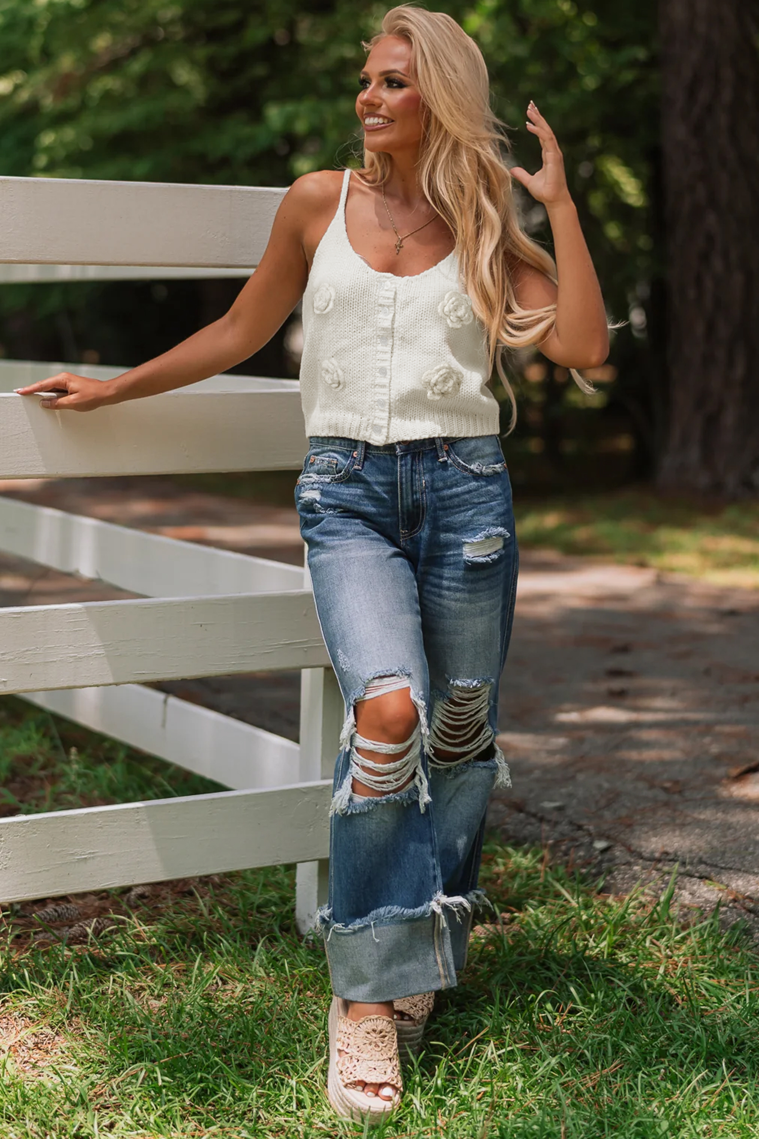White 3D Flower Spaghetti Straps Sweater Vest - loveforevers