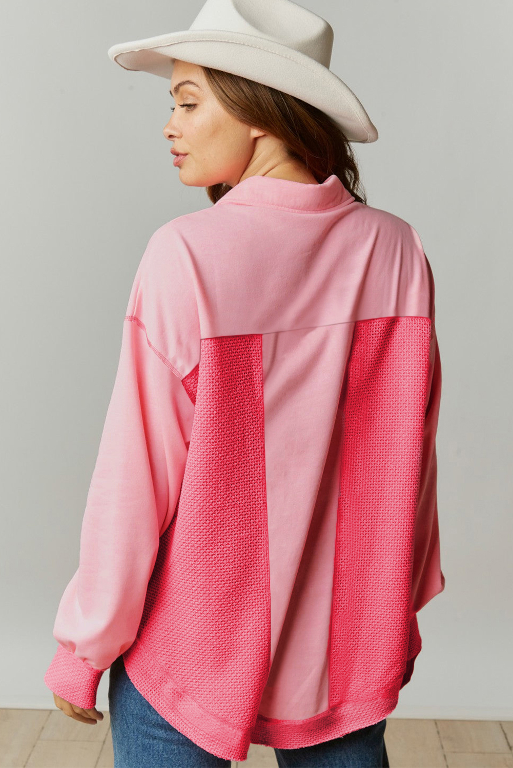 Peach Blossom Two Tone Contrast Waffle Knit Buttoned Loose Shacket - loveforevers