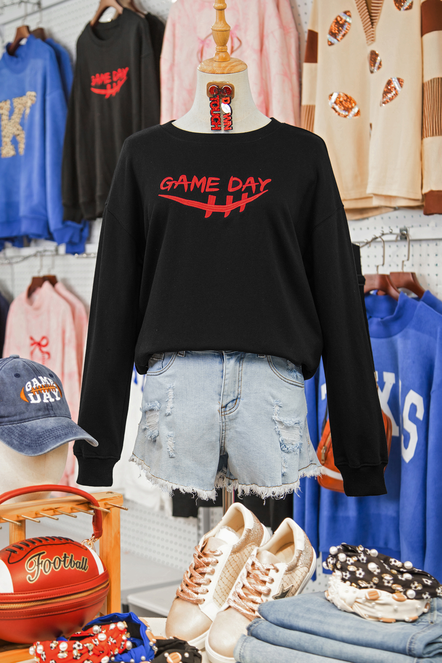 Black GAME DAY Embroidered Graphic Casual Pullover Sweatshirt - loveforevers