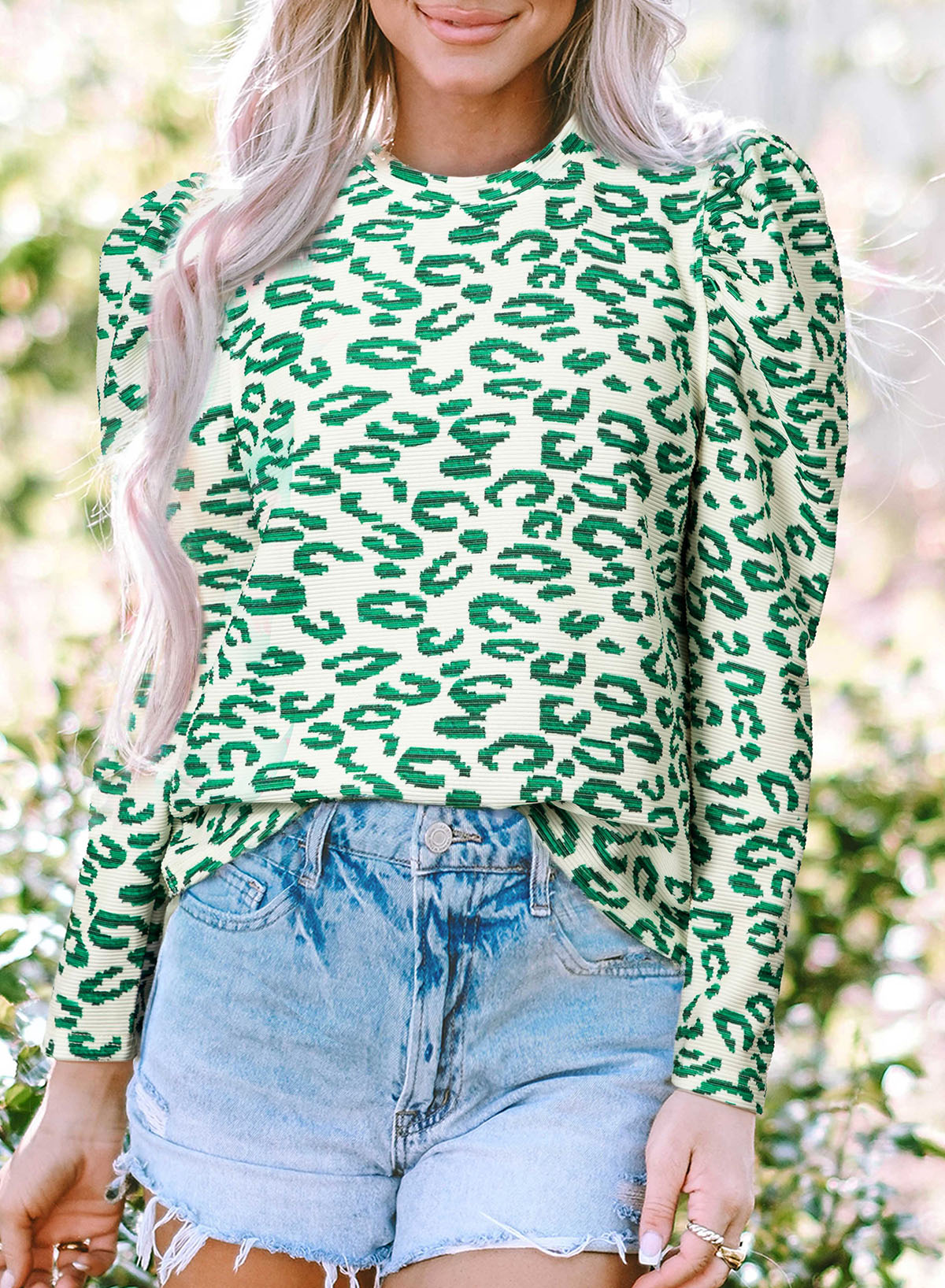 Blackish Green Leopard Print Mock Neck Puff Sleeve Top - loveforevers