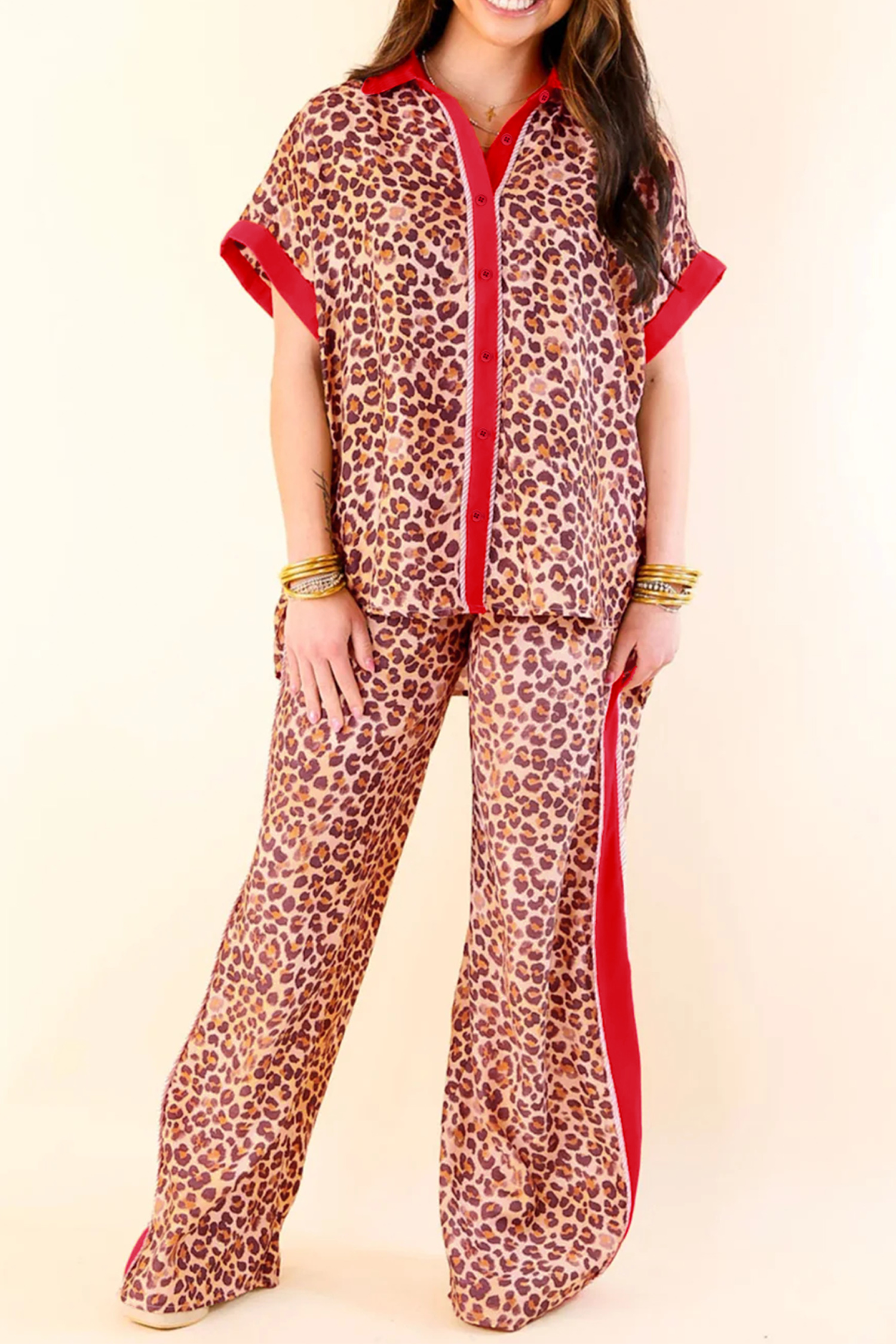 Brown Contrast Trim Leopard Top and Pant Set - loveforevers