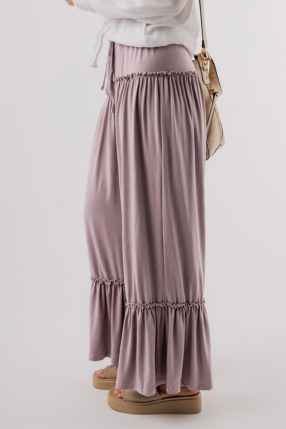 Khaki Frilled Drawstring High Waist Wide Leg Pants - loveforevers