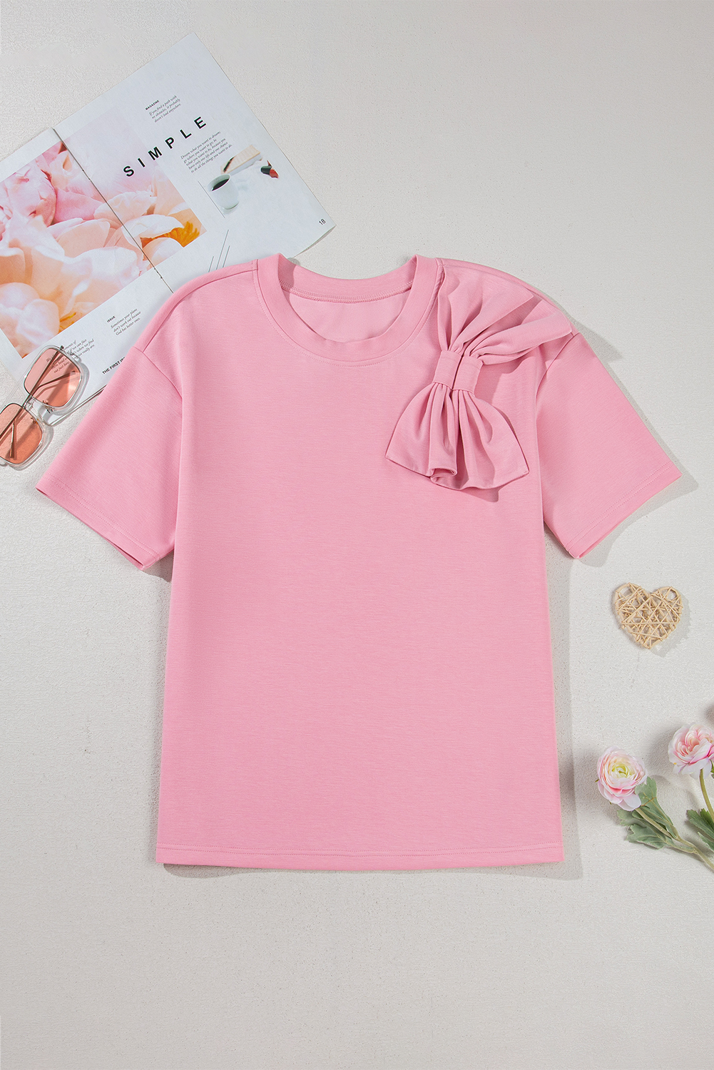 Pink Bow Applique Half Sleeve T-shirt - loveforevers