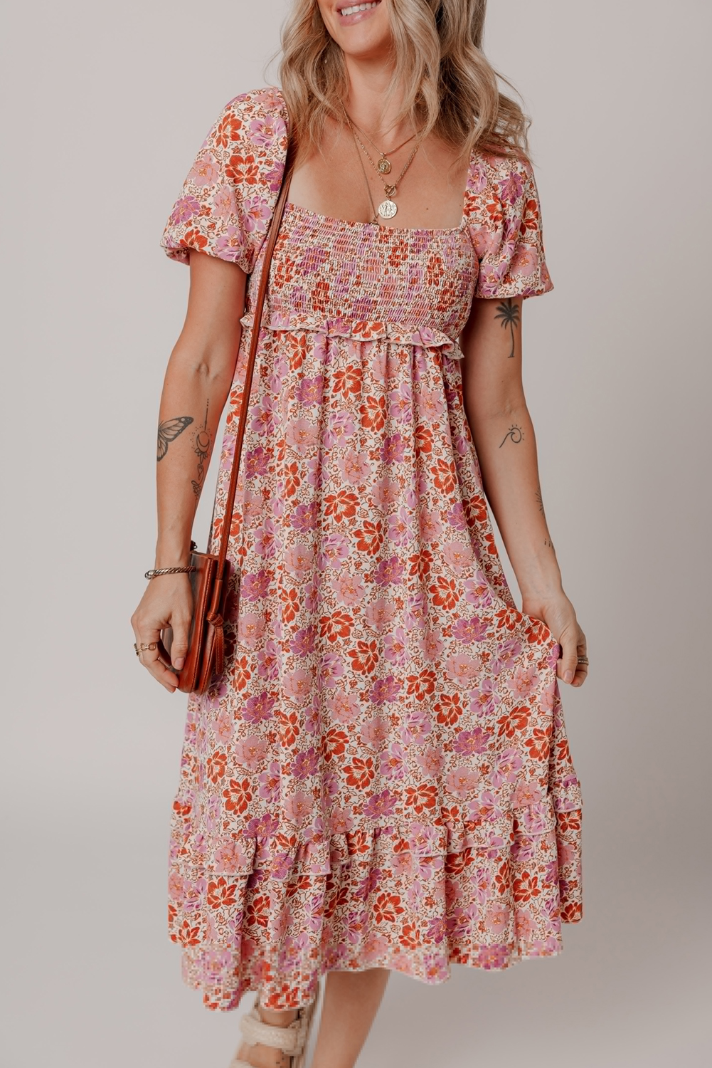 Pink Floral Square Neck Knotted Ruffle Midi Dress - loveforevers