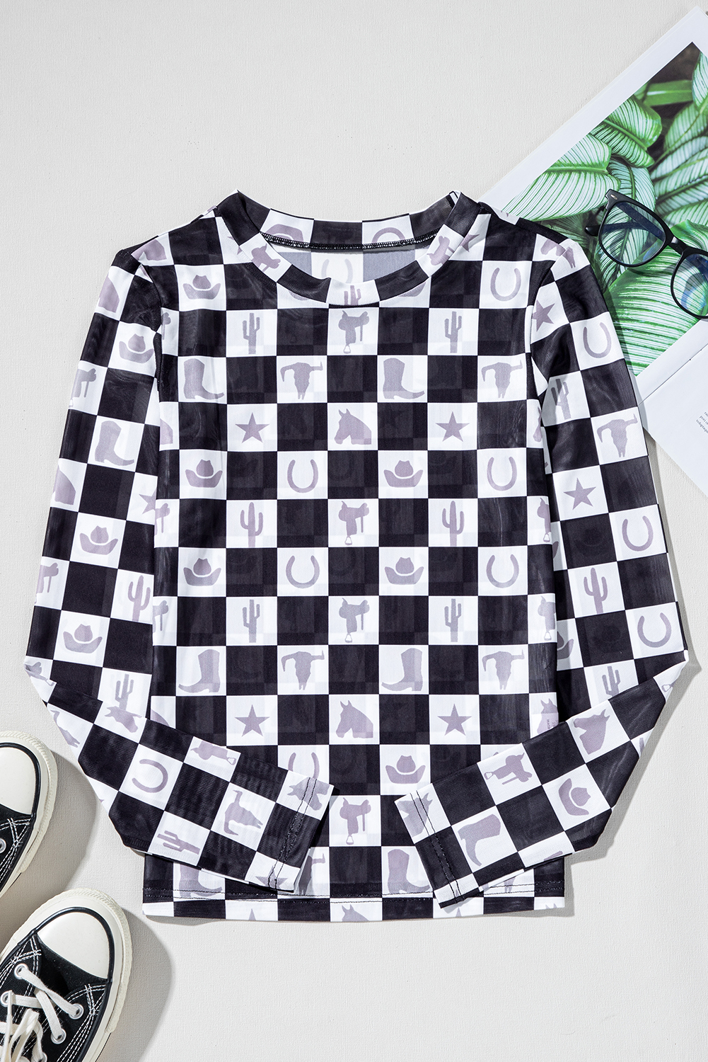 Khaki Checkered Pattern Mesh Mock Neck Long Sleeve Top - loveforevers