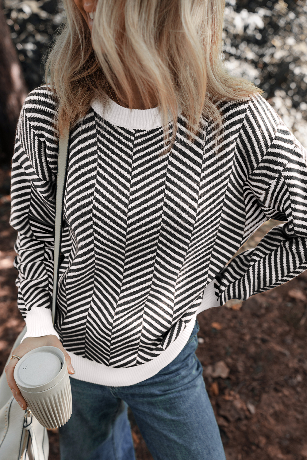 Coffee Contrast Edge Crew Neck Drop Shoulder Sweater - loveforevers