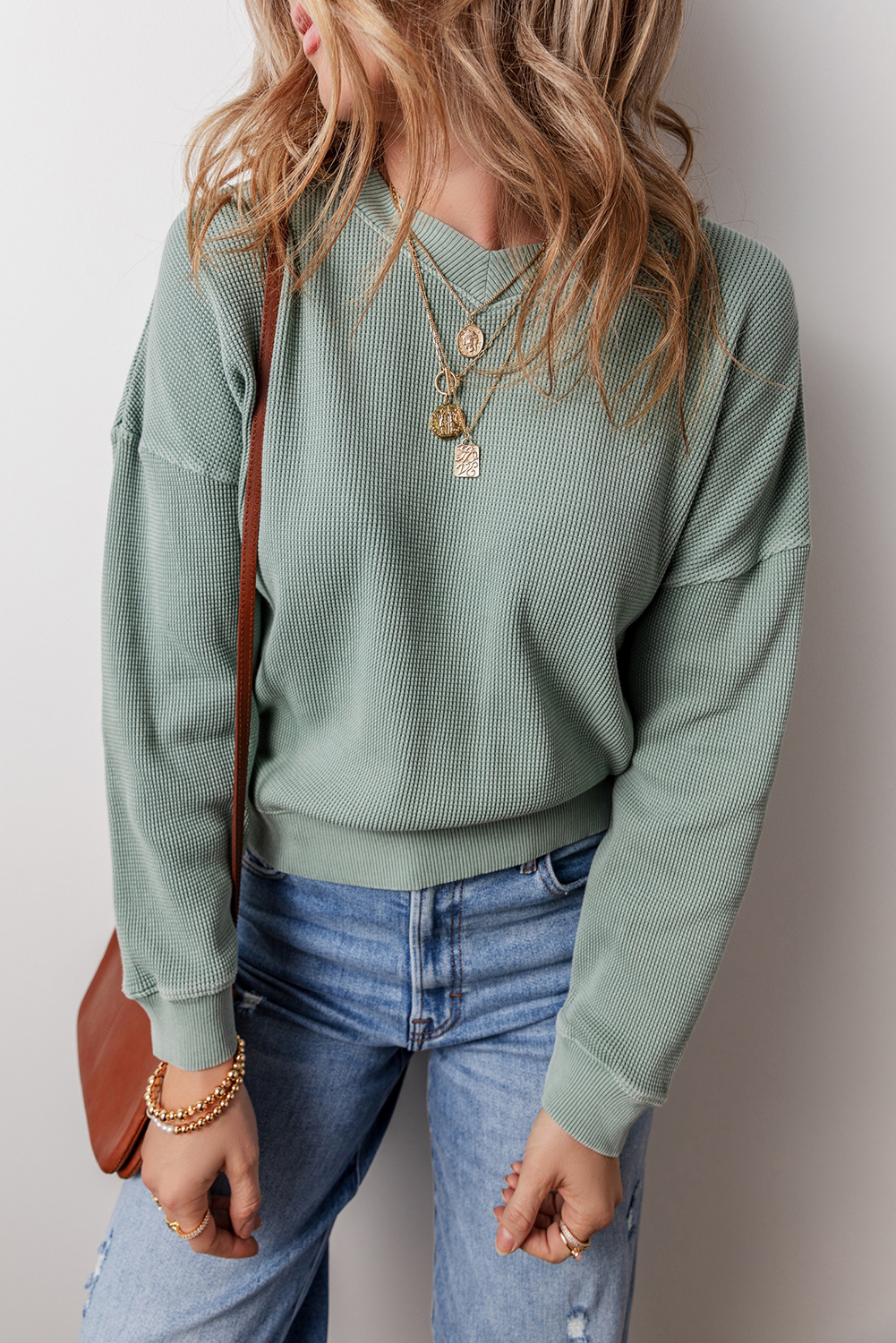 Clearly Aqua Waffle Knit Drop Shoulder V Neck Top - loveforevers