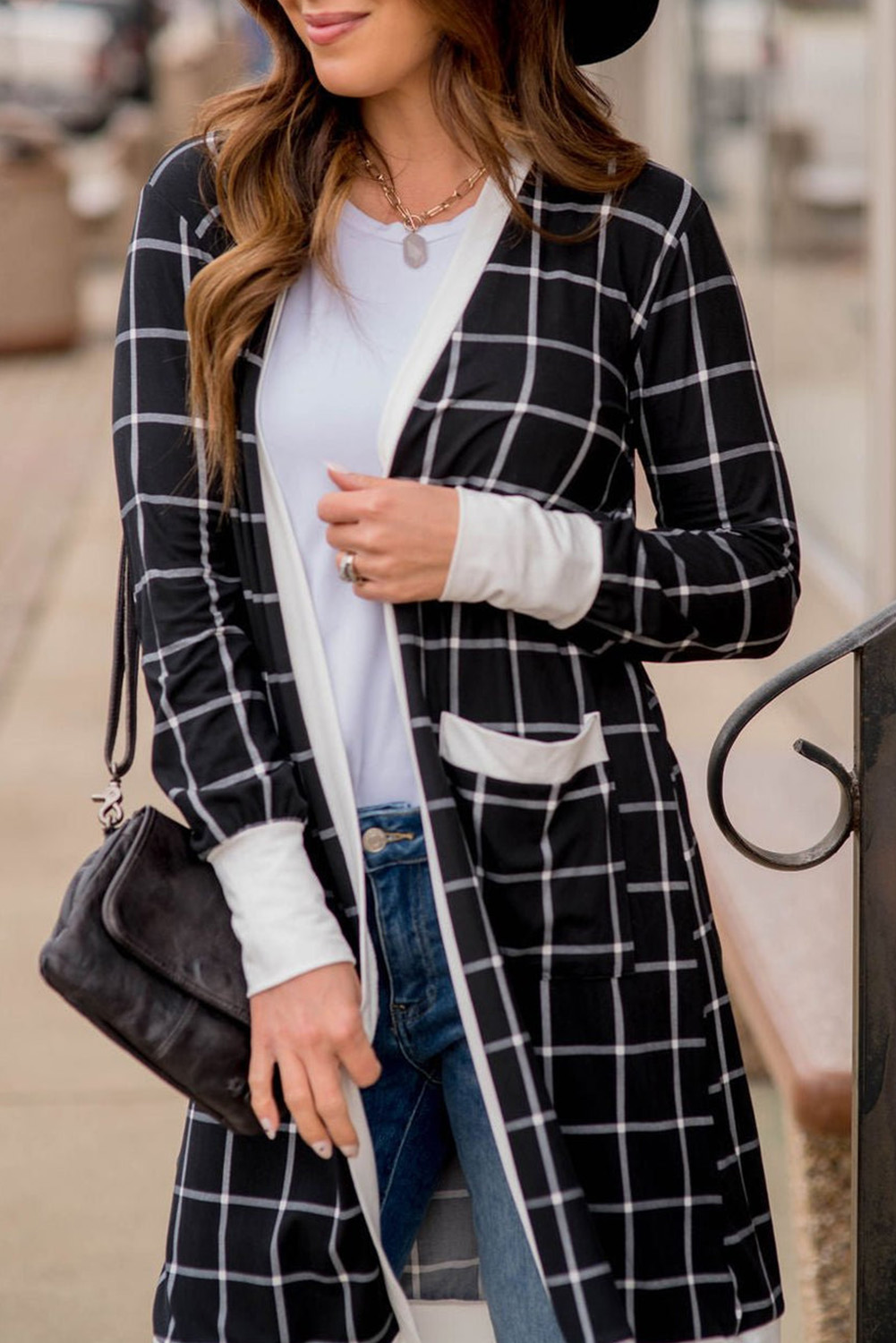 Black Plaid Colorblock Edge Open Cardigan with Pocket - loveforevers