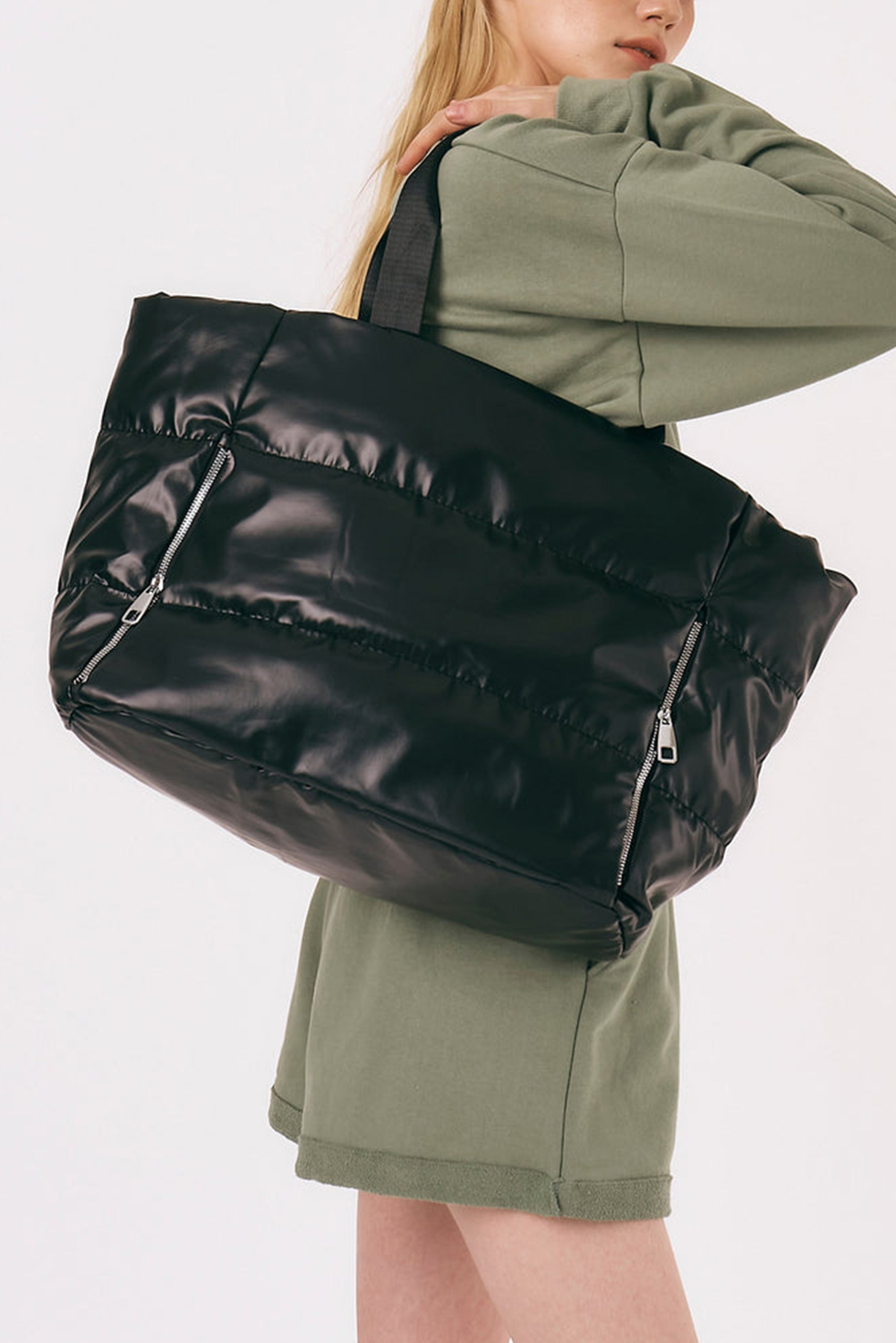 Black Solid Zipper Puffer Large Tote Bag - loveforevers