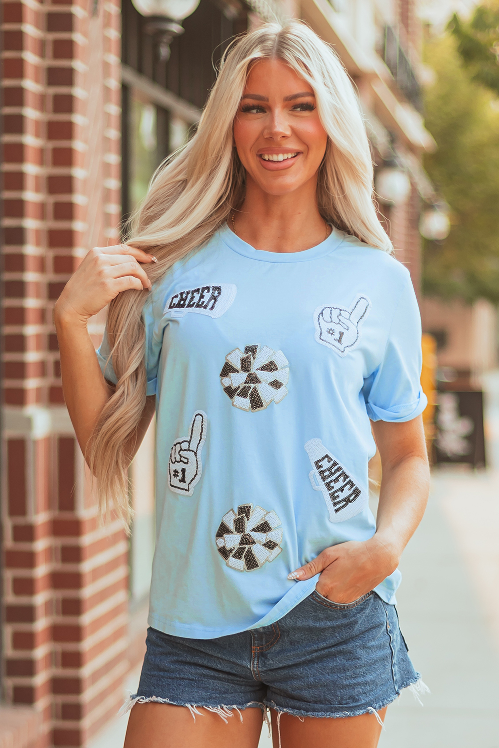Light Blue Cheer Game Day Element Sequin Patched T Shirt - loveforevers