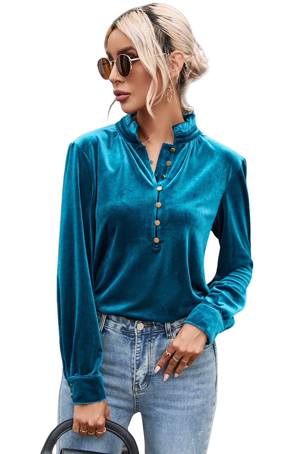 Burgundy Frilled Neck Buttoned Front Velvet Top - loveforevers