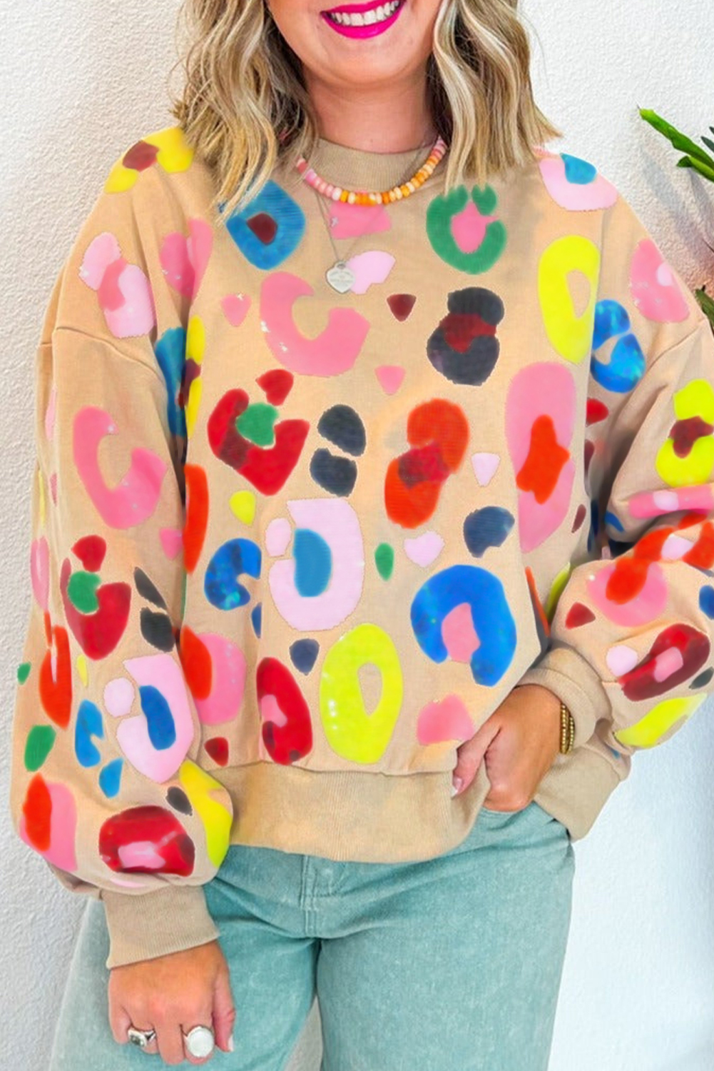 Khaki Multicolor Leopard Printed Drop Shoulder Pullover Sweatshirt - loveforevers