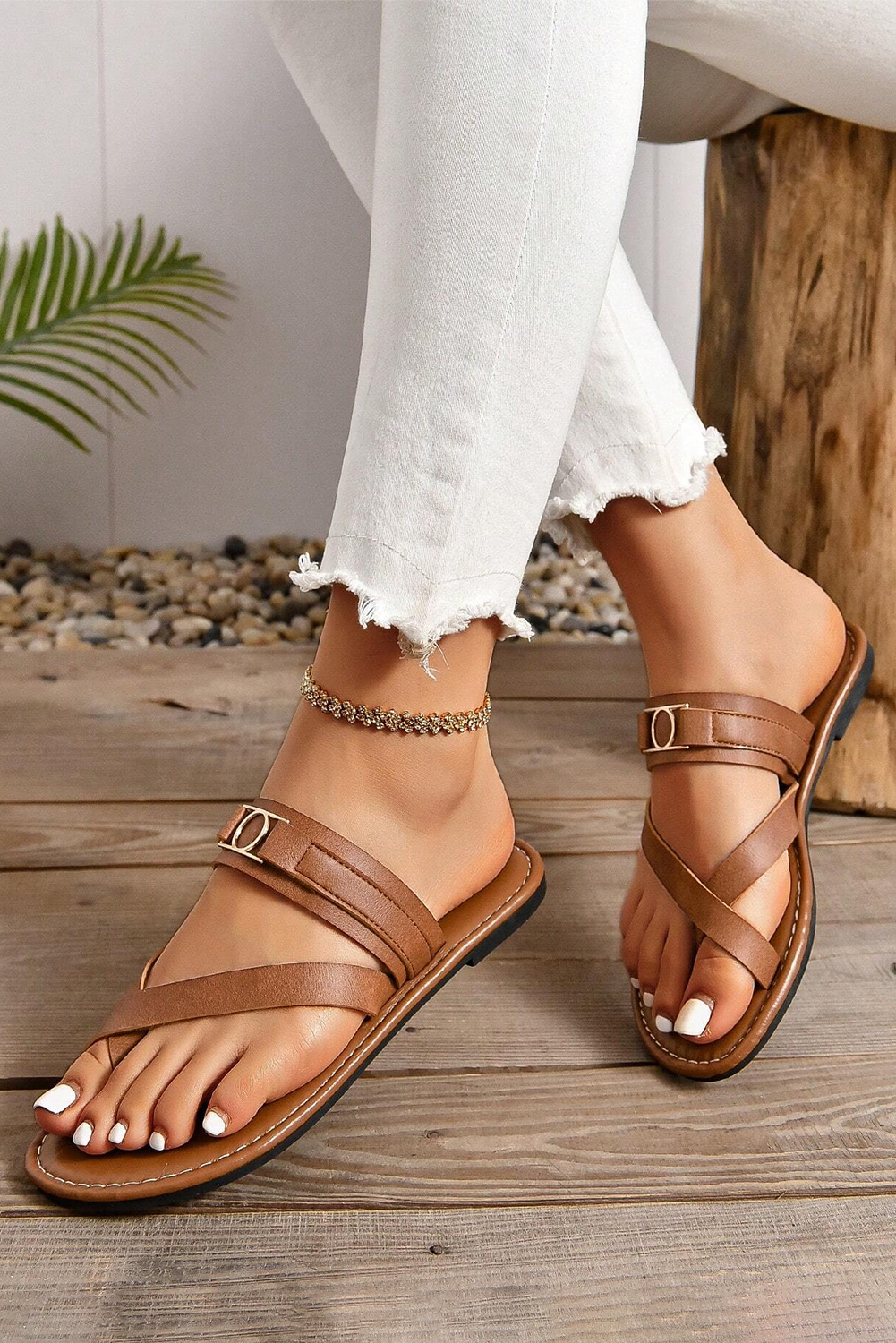 Chestnut Cross Toe Metal Buckle Leathered Flat Slippers - loveforevers