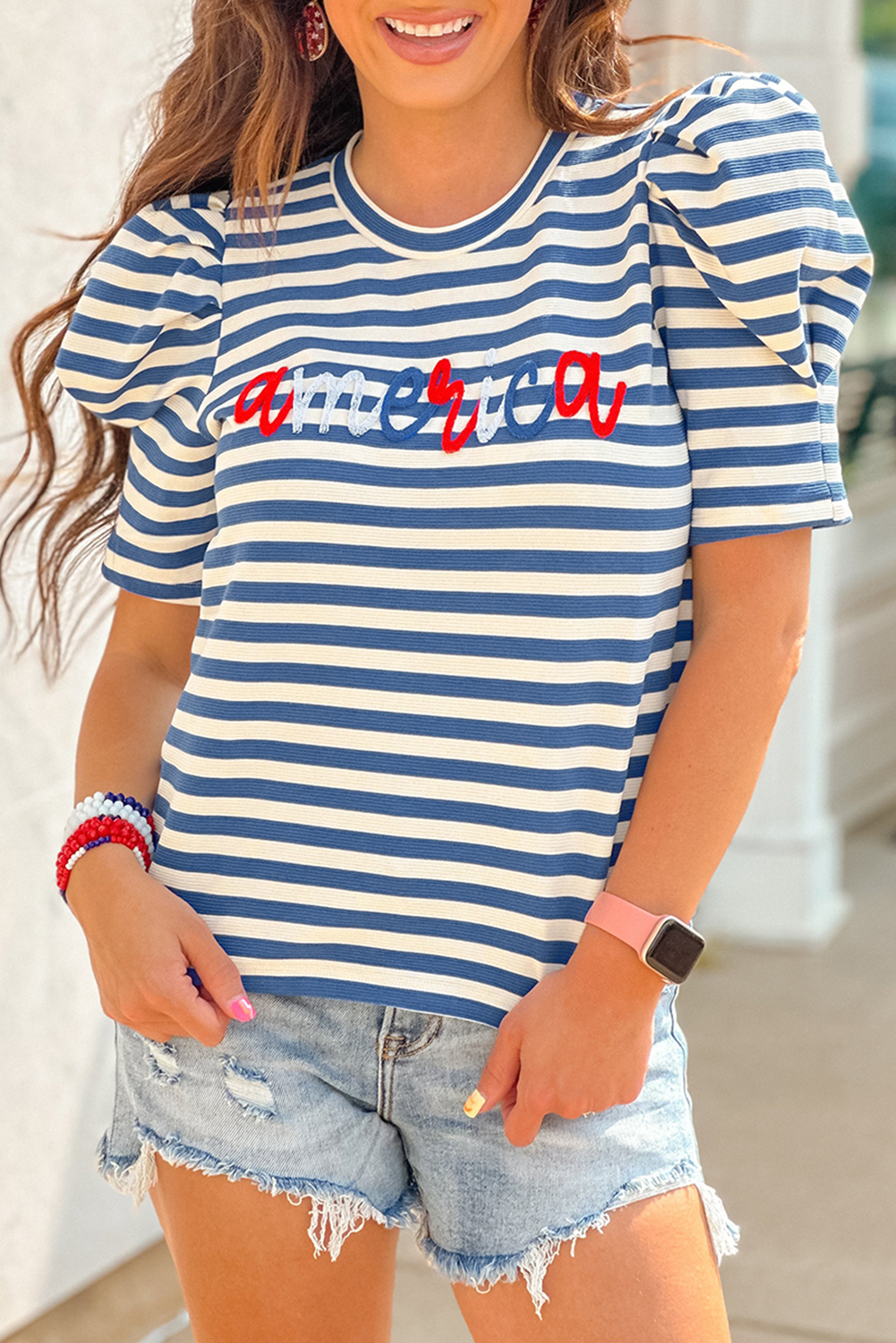 Blue Stripe America Cursive Graphic Puff Sleeve T-shirt - loveforevers