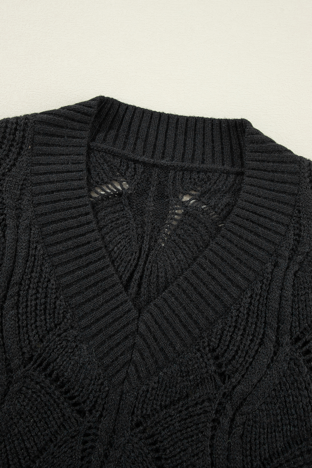 Beige Hollow Out Knit V Neck Drop Shoulder Sweater - loveforevers