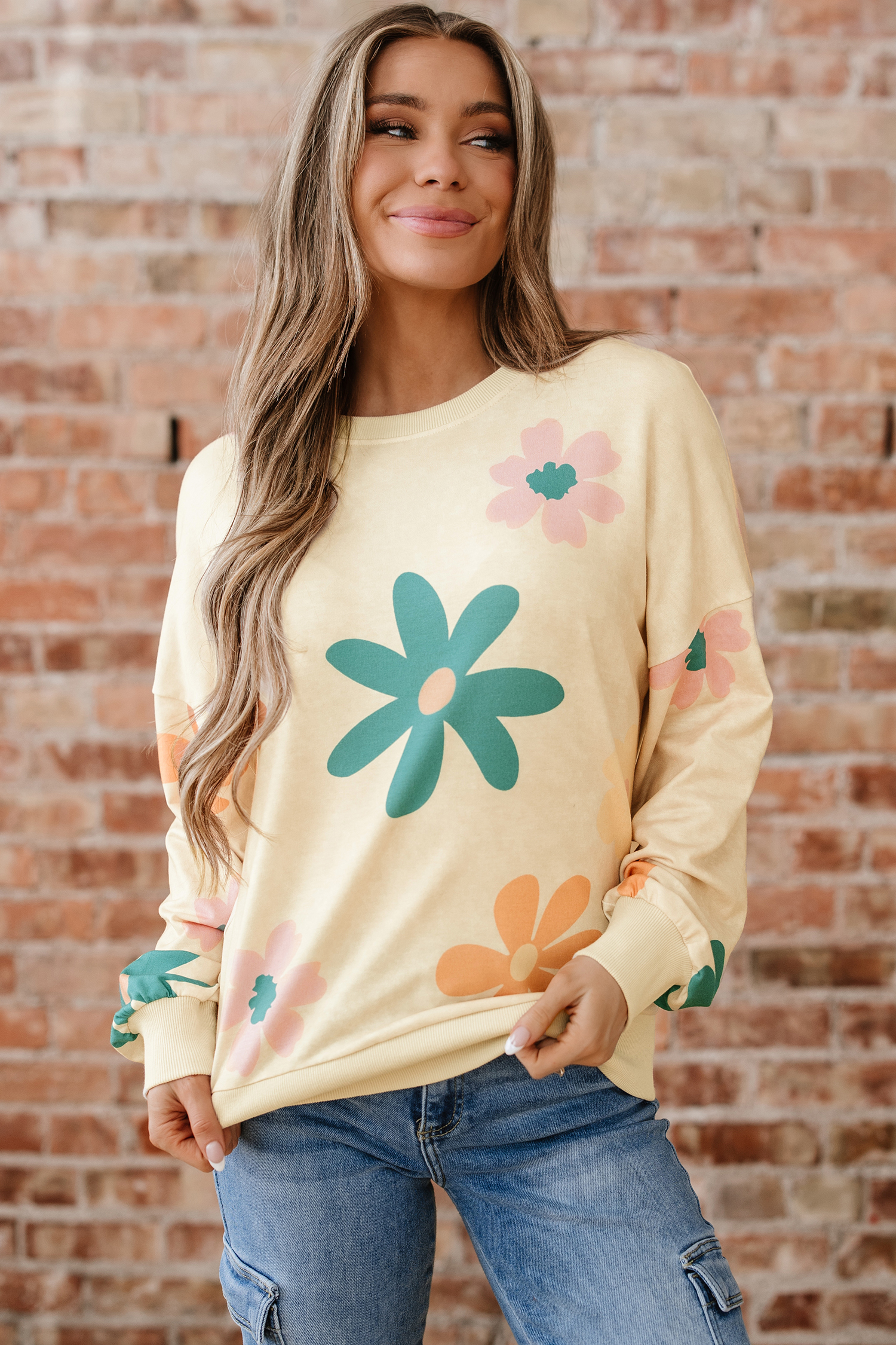 Khaki Mineral Washed French Terry Flower Print Sweatshirt - loveforevers