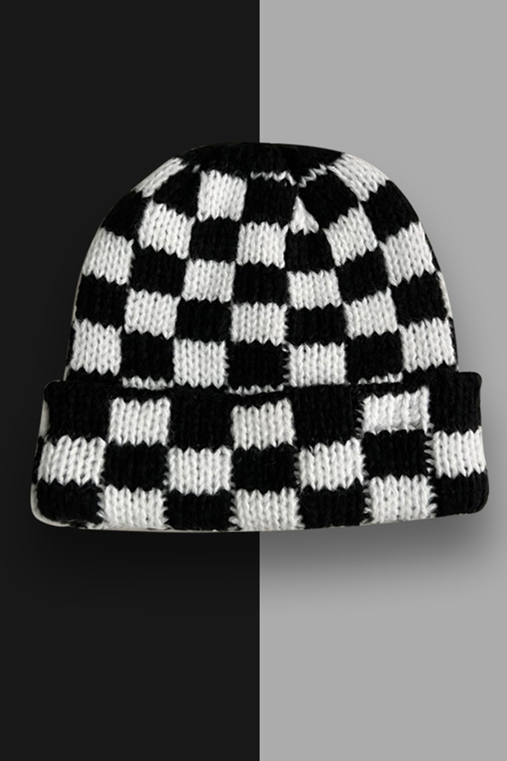 Black Two Tone Checkered Folded Eaveless Beanie Cap - loveforevers