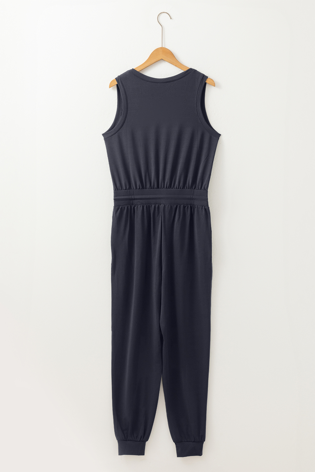 Black Casual Tank Style Tie Waist Pocketed Jogger Jumpsuit - loveforevers