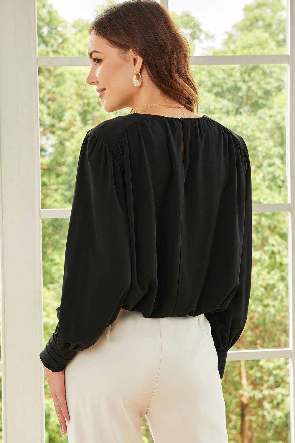 Black Padded Shoulder Buttoned Cuffs Pleated Loose Blouse - loveforevers