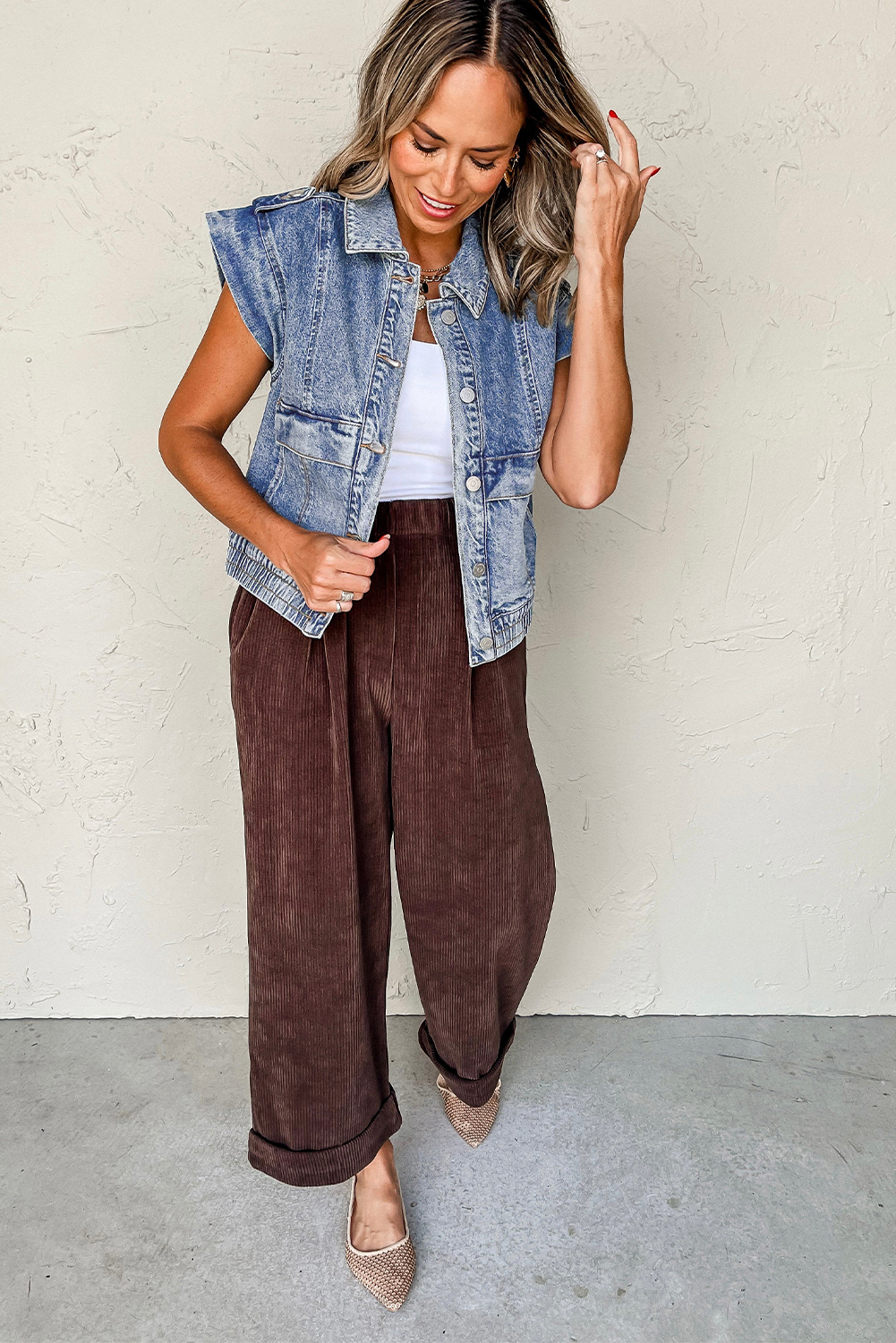 Ashleigh Blue Acid Wash Elastic Hem Button Up Denim Vest - loveforevers