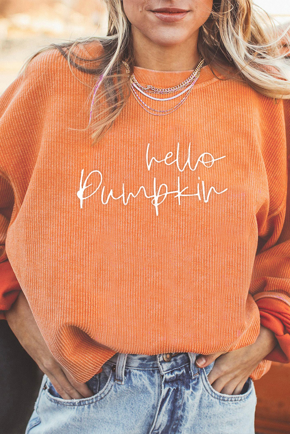 Orange hello pumpkin Letter Embroidered 3D Ribbed Texture Baggy Sweatshirt - loveforevers