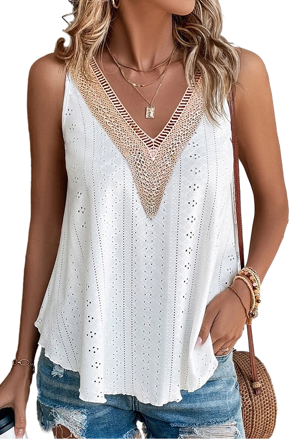 White Lace Crochet Splicing V Neck Loose Fit Tank Top - loveforevers